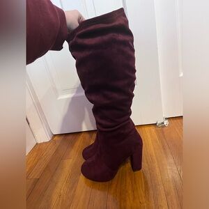 Suede Knee High Burgundy Heeled Boots